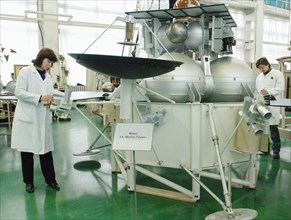 A full-scale mock-up of the phobos-grunt spacecraft seen in an assembly shop of the federal state unitary enterprise (fgup) lavochkin research and production association (npo), moscow region, russia, ...