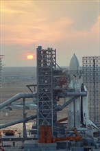Baikonur cosmodrome, kazakh ssr, ussr, the launch vehicle 'energia' with the the buran spacecraft on the launch pad, october 22, 1988.