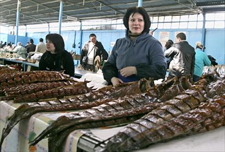 Astrakhan, russia, fish for sale in selenskie isady market, april 21, 2007.