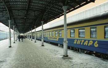 Moscow, russia, february 7, 2003, new long-distance train 'amber' is about to depart from yaroslavsky station, bound for kaliningrad.