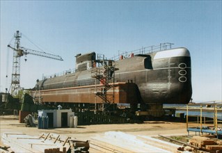 Severodvinsk, russia, september 5, a diesel submarine of the 641b type lies in the dock in severodvinsk shortly before her transportation to moscow where the sub will be turned into a museum, the phot...