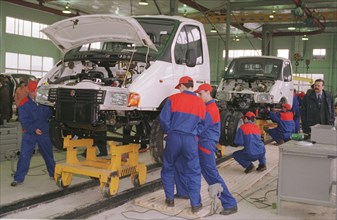Assembly line of 'gazel' trucks (the gorky automobile works design) and the 'gaz-3307' medium loading lorries was started by the 'ukrvolgatekhservice' firm in the town of proliski, kiev region, ukrain...