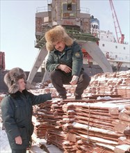 Customs control in the port of dudinka, krasnoyarsk, russia, may 13