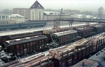 Maritime territory,russia, march 18 2003: cargo trains loaded with illegal timber at the grodekovo railway station