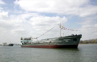 Astrakhan, russia, april 7, 2002, one of the four tankers of the volgotanker shipping company, which set off for the turkmenbashi port in turkmenistan, pictured in astrakhan port, which works all year...