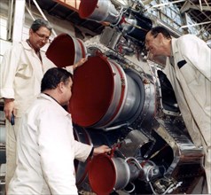 Space rocket research and production centre in samara, russia, pneumatic test of the central unit of the 'soyuz' booster's second stage prior to its delivery to baikonur cosmodrome .