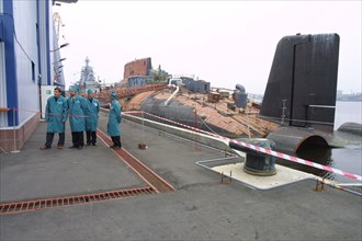 Decommissioned russian 'taifun' (typhoon) strategic nuclear sub moored next to a coastal complex for the discharge of spent nuclear fuel from the reactors of defunct submarines which was inaugurated a...