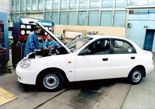 Ulyanovsk region, russia 2002: new car model 'sence' undergoes stand tests at dimitrovograd automobile works (daaz) (in pic), the newly manufactured car is a joint creation of daaz, zaporozhye automob...
