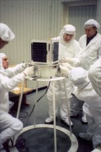 Baikonur, kazakhstan, december 16 2002: preparation of 'saudi sat - 1c' one of five foreign satellites to be launched on december 20, a conversion rocket 'dnepr-1' will be used for the purpose, (photo...