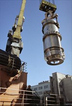 Nuclear fuel in transport containers from the kursk reactor being loaded at the so-called 'swimtechbase lotta', april 2003.
