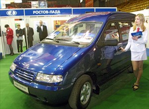 The lada 2120, a new product from the 'avtovaz ' auto plant, on show at the 7th annual 'autoformula-2003' international car show, rostov-on-don, russia, april 16 2003.