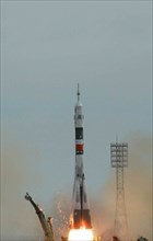 Baikonur, kazakhstan, april 26, 2003, soyuz tma-2 spacecraft with a crew of the russian-u,s, seventh mission of the international space station, blasts off from the cosmodrome baikonur to the iss, sat...