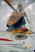 Baikonur, kazakhastan, may 26, 2003, specialists preparing the beagle 2 lander as part of the european space agency's mars express mission to be launched on june 2, 2003 on soyuz-fg booster.