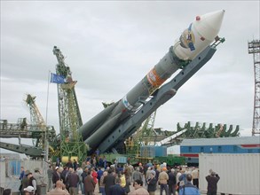 Russia`s soyuz-fg carrier rocket pictured at the launching site prior to the starting from the baikonur cosmodrome in kazakhstan, european space station mars-express, launched by the russian carrier r...