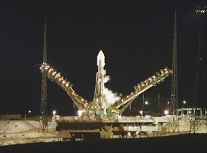 Russia`s soyuz-fg carrier rocket crrying esa's mars express probe on the launching pad, baikonur cosmodrome, kazakhstan, june 3, 2003, european space station mars-express, launched by the russian carr...