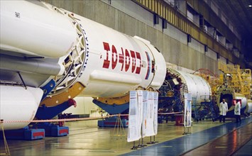 A proton carrier rocket being assembled at the khrunichev state space research and production center, moscow, russia, february 2003.