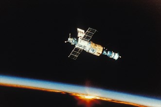 Soviet spacecraft soyuz 31 docked to the salyut 6 space station, the picture was taken from soyuz 29, 1978.