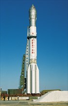 Russian proton rocket carrying an international communications satellite, inmarsat 3, being prepared for launch at the baikonur cosmodrome in kazakhstan, september 6, 1996.