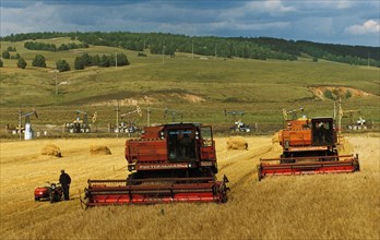 Combines harvesting grain at the oktyabr collective farm in the ayrgazinsky district in bashkiria, russia, 2003.