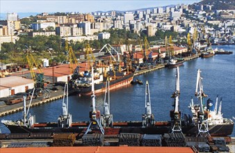 Shipping vessels in the port of vladivostok in russia.