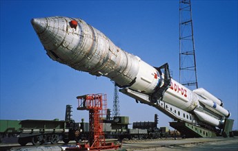 Russian proton rocket carrying an american communications satellite, echo star, being prepared for launch at the baikonur cosmodrome in kazakhstan, may 1998.