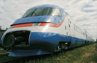 The new 6-car sokol-250 high speed passenger train near st, petersburg, russia, 2001.