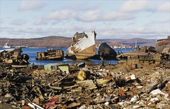 Oil ship dumping ground outside of murmansk on the kola peninsula, russia, 1999.