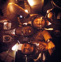 1975, soyuz-apollo missiopn, head of soyuz crew alexel leonov (right) and apollo leader thomas stafford, astronaut slayton, top.