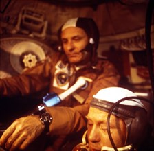 1975, soyuz-apollo mission, head of soyuz crew alexei leonov (right) and apollo leader thomas stafford.