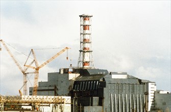 The sarcophagus of the unit 4 reactor, chernobyl aps, ukraine, ussr, june 1987.