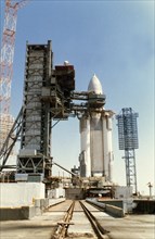 Soviet carrier rocket, energia, on the launch pad at baikonur during tests, kazakhstan, ussr, 1987.