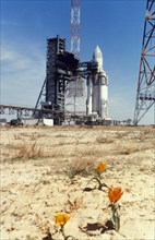 The first energia booster rocket (number 6sl) on the launch pad at baikonur prior to it's launch on may 15, 1987, kazakhstan, ussr.