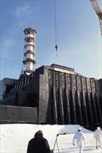 The fully entombed unit 4 reactor, chernobyl aps, ukraine, ussr, winter 1988.