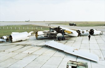 A soviet bomber dismantled in compliance with the arms reduction treaty, 1993.