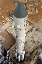 Russian proton rocket carrying the astro observatory, granat, being prepared for launch, 1989.