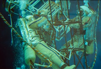 Cosmonauts training underwater at gagarin space center, moscow, 1992.