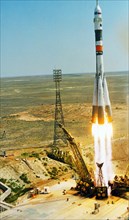 The launch of soyuz tm-15 at the baikonur cosmodrome in kazakhstan, july 27, 1992.