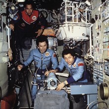 Soviet cosmonauts leonid popov, vladimir kovalyonok, and viktor savinykh aboard the salyut 6 space station, 1981, soyuz t-4 and soyuz 40 missions.