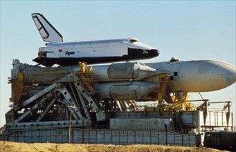 Buran space shuttle with energia - built carrier rocket being prepared for launch at the baikonur cosmodrome in kazakhstan, ussr, october 1988.