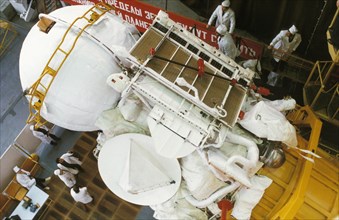 The soviet space probe vega 1 or 2 in the assembly and testing shop at the baikonur cosmodrome, 1984, the international project included specialists from austria, bulgaria, czechoslovakia,frg, france,...