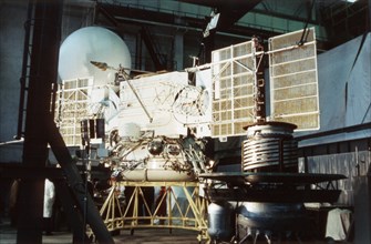 Soviet space probe vega during pre-flight preparations at baikonur, 1986.