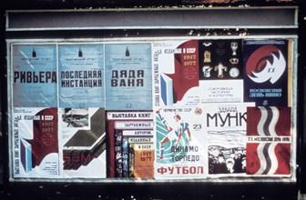 A bulletin board with flyers for various cultural and sports events, moscow, ussr, 1977.