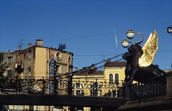 A bridge with griffins over griboyedov canal in st, petersburg, russia, 1990s.