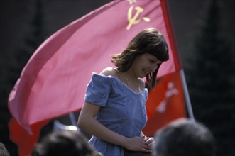 Young woman at a pro-communist rally in moscow in the early 1990s.
