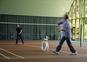 Sochi, russia, august 14, 2009, prime minister of russia vladimir putin and russian president dmitry medvedev (l) play badminton, as medvedev's golden retriever aldo runs around, after a working meeti...