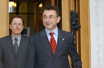 Moscow, russia, november 28, 2003, yukos board chairman semyon kukes (foreground) prior to the extraordinary meeting of yukos shareholders that took place in the russian chamber of trade and industry ...