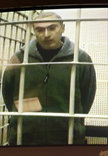 Moscow, russia, january 15, 2004, former ceo of the yukos oil giant mikhail khodorkovsky speaking to the court via a closed circuit television from moscow's matrosskaya tishina detention centre, thurs...