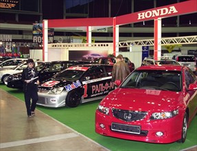 St,petersburg, russia, april 7, 2004, picture shows cars of the japanese honda firm at the 'automobile world' motor-show opened at the 'peterburgsky' sport complex.