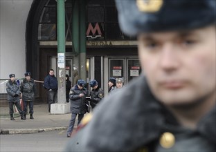 Moscow, russia, march 29, 2010, police officer in lubyanka square, outside lubyanka metro station, sokolnicheskaya line of the moscow underground, an explosion rocked the metro station at 7,52 during ...