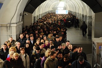 Moscow, russia, march 29, 2010, crowds of commuters walk past a sealed-off area in park kultury metro station, sokolnicheskaya line of the moscow underground, an explosion rocked the metro station at ...